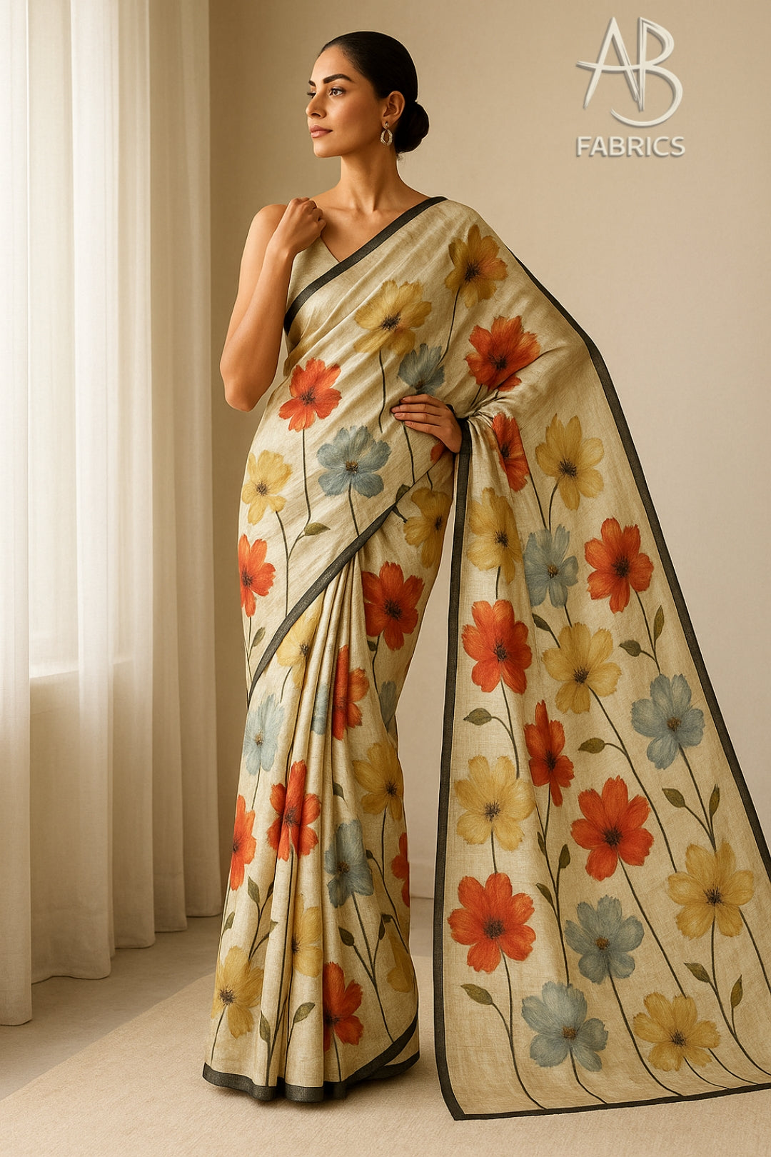 Floral Hand-Printed Pure Tussar Silk Saree FH72