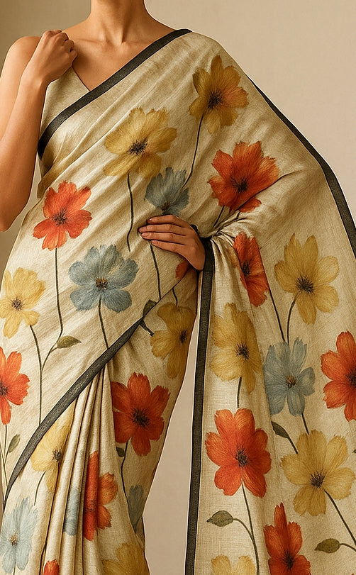 Floral Hand-Printed Pure Tussar Silk Saree FH72