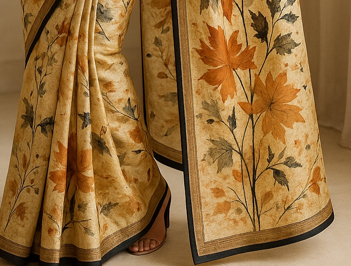 Floral Hand-Printed Pure Tussar Silk Saree FH89