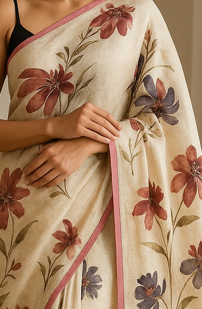 Floral Hand-Printed Pure Tussar Silk Saree FH101