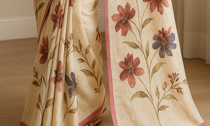 Floral Hand-Printed Pure Tussar Silk Saree FH101