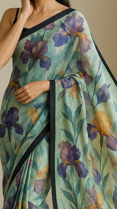 Floral Hand-Printed Pure Tussar Silk Saree FH106