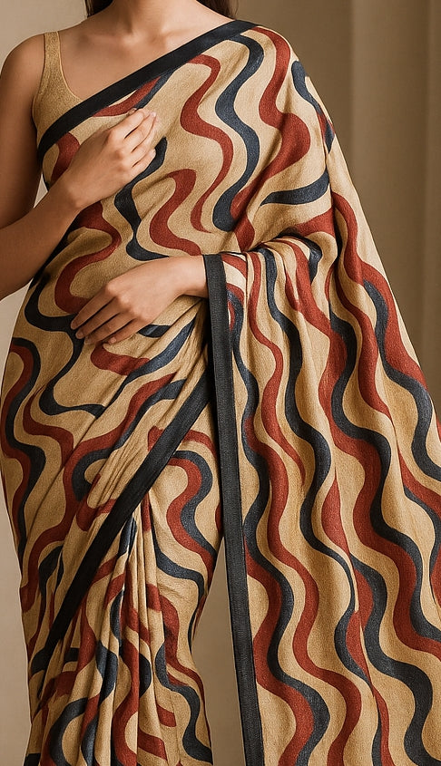 Floral Hand-Printed Pure Tussar Silk Saree FH111