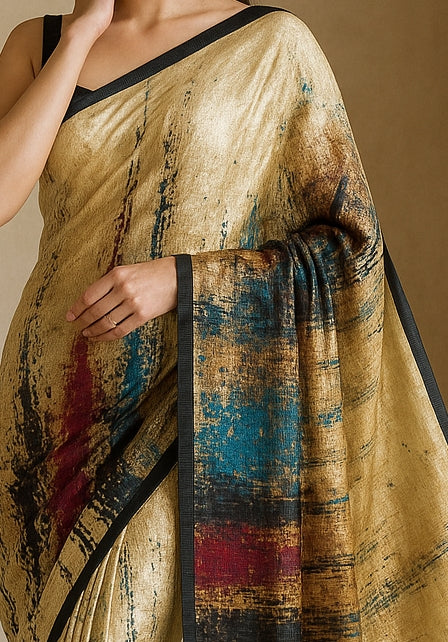 Hand-Printed Pure Tussar Silk Saree FH129