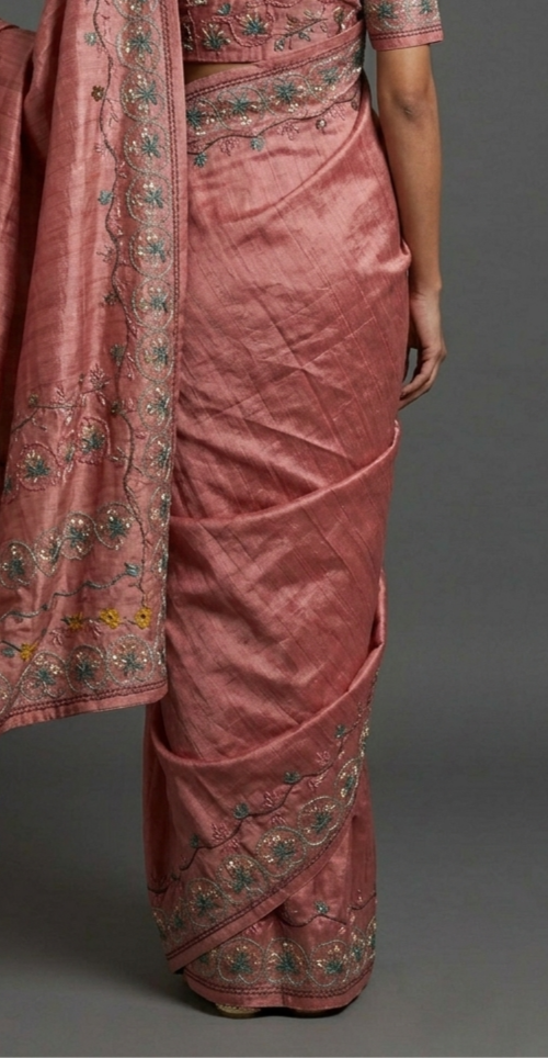 Rosewood Pure Tussar Silk Saree with Handcrafted Kantha Stitched