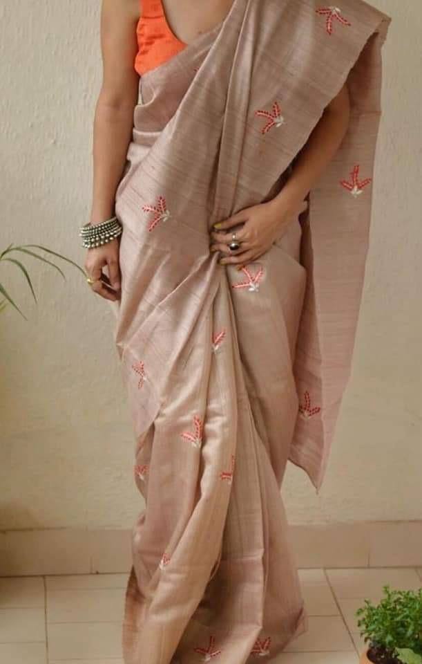 Pure Tussar Silk Saree With Beautiful Embroidery Work Saree TSE76