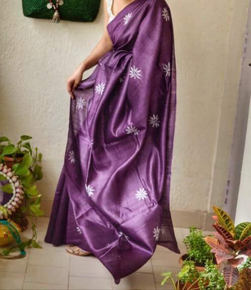 Pure Tussar Silk Saree With Beautiful Embroidery Work Saree TSE74