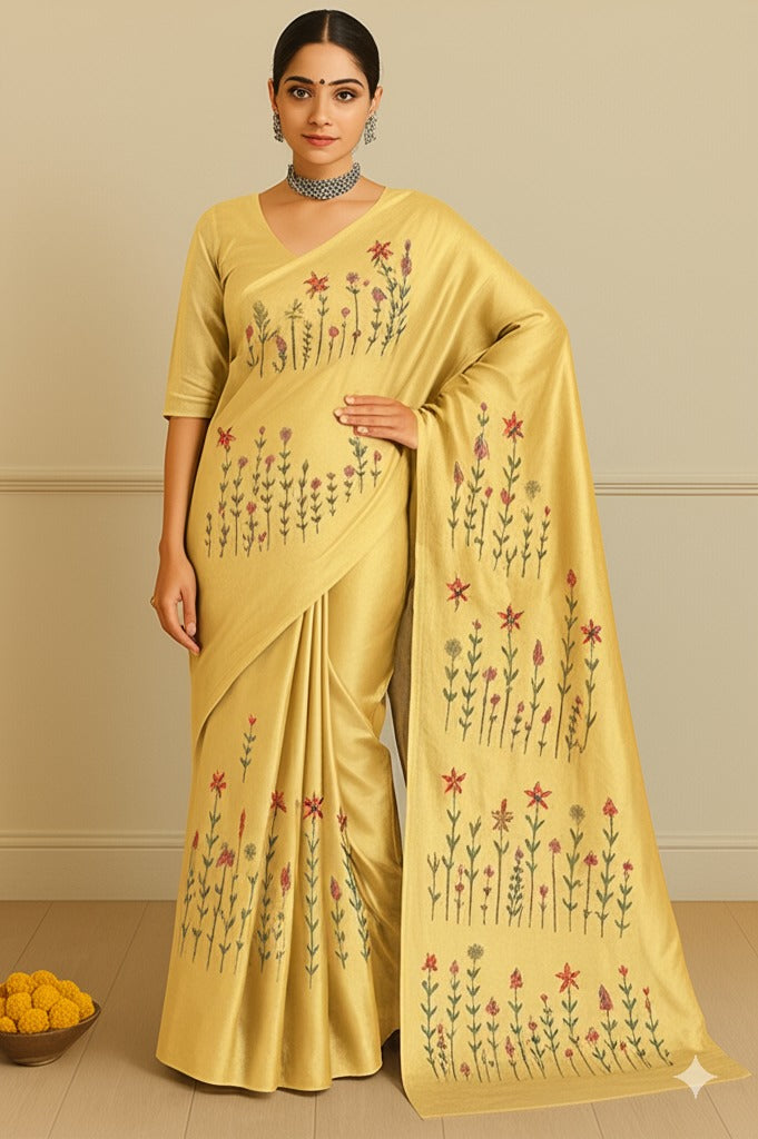 Handloom Katan Silk Saree With Beautiful Hand Embroidery Work Saree HKS03