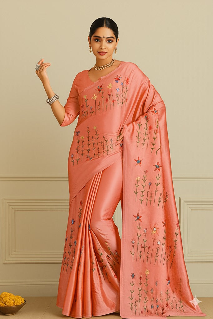 Handloom Katan Silk Saree With Beautiful Hand Embroidery Work Saree HKS02