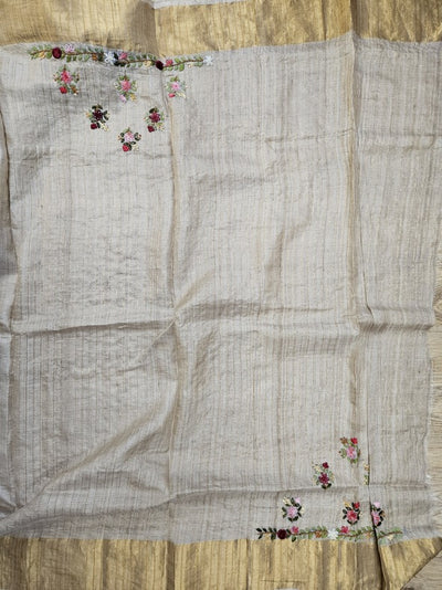 Handloom Pure Tussar Silk Saree with French Knot Embroidery Work Saree PTK03