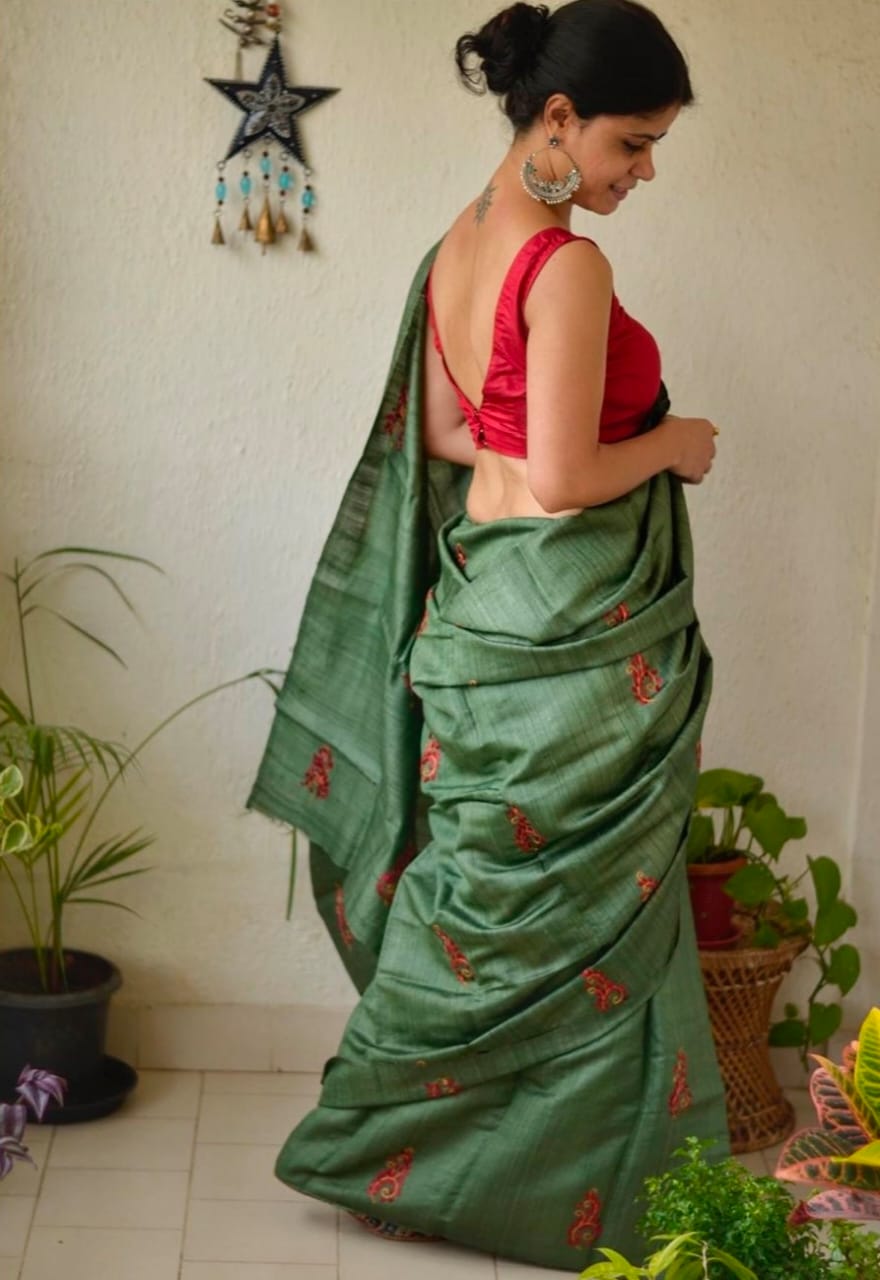 Pure Tussar Silk Saree With Beautiful Embroidery Work Saree TSE78