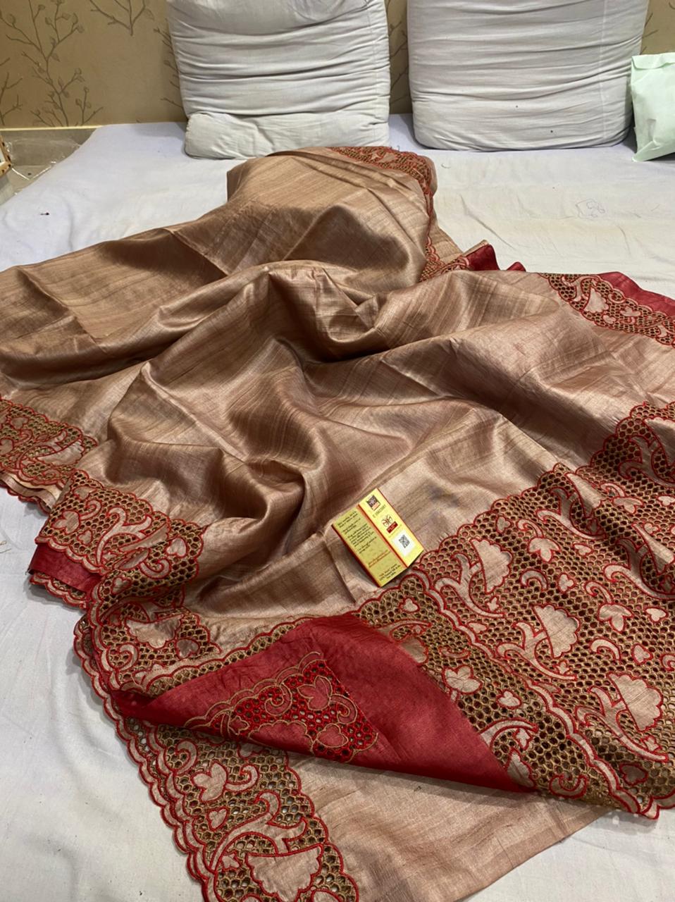 Pure Tussar Silk Saree With Beautiful Cutwork Saee BTS28