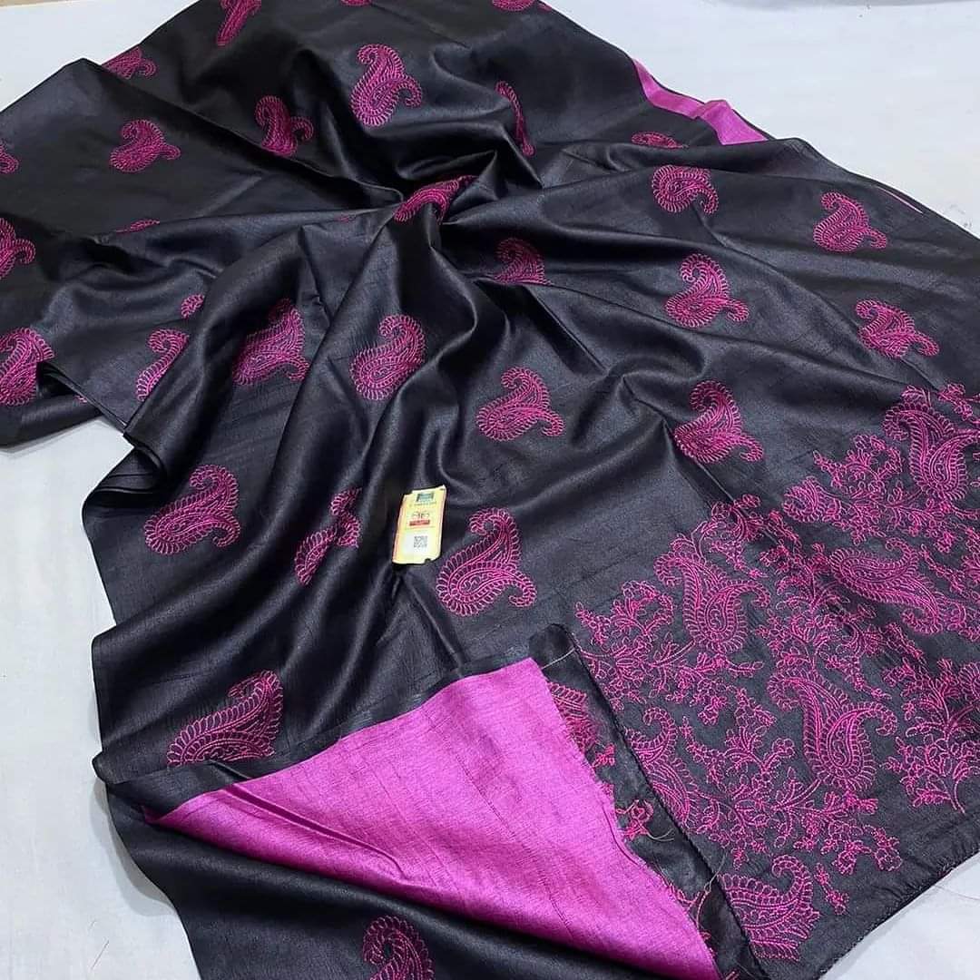 Pure Tussar Silk Saree With Beautiful Embroidery Work Saree TSE104