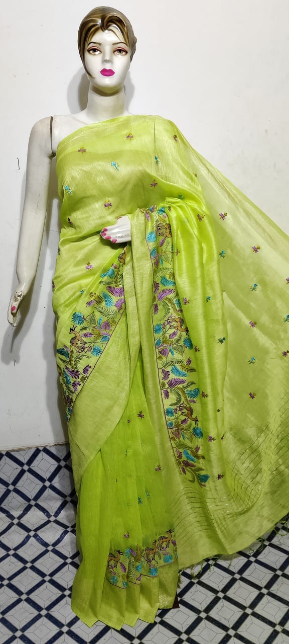 Pure Silk Linen Saree With Beautiful Embroidery Work Saree SLS01