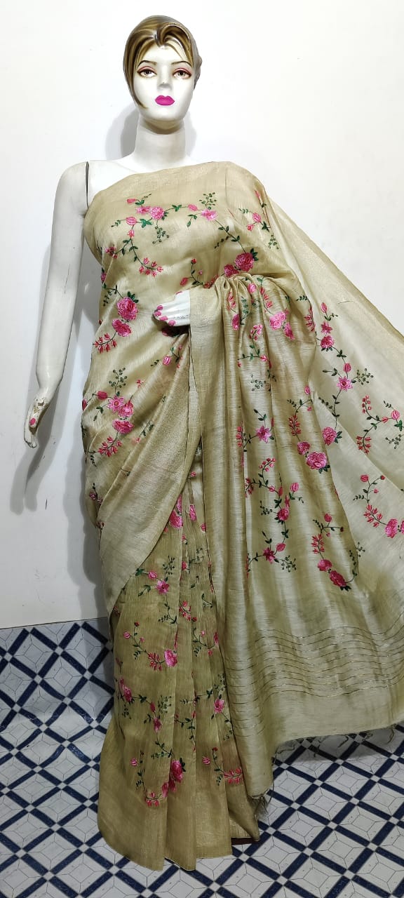Pure Silk Linen Saree With Beautiful Embroidery Work Saree SLS04