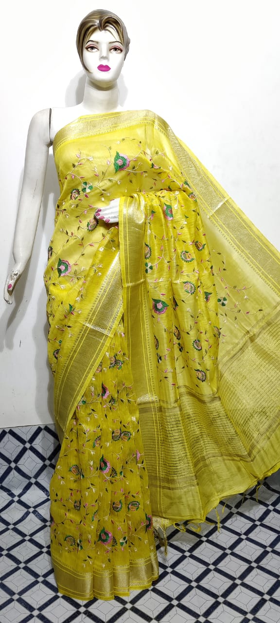 Pure Silk Linen Saree With Beautiful Embroidery Work Saree SLS18