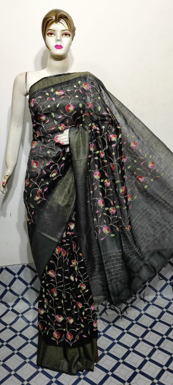Pure Silk Linen Saree With Beautiful Embroidery Work Saree SLS20