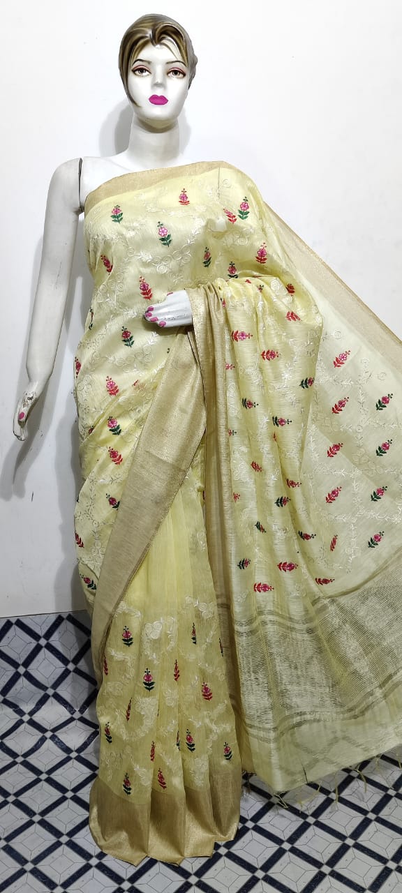 Pure Silk Linen Saree With Beautiful Embroidery Work Saree SLS23