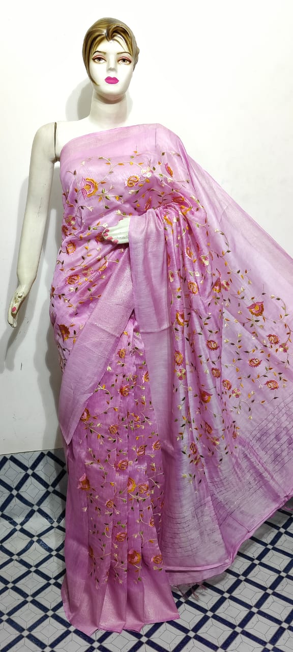 Pure Silk Linen Saree With Beautiful Embroidery Work Saree SLS24