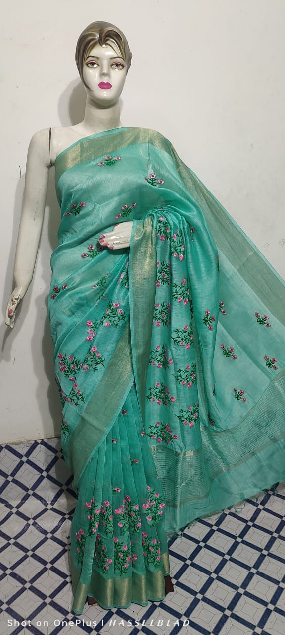 Pure Silk Linen Saree With Beautiful Embroidery Work Saree SLS29