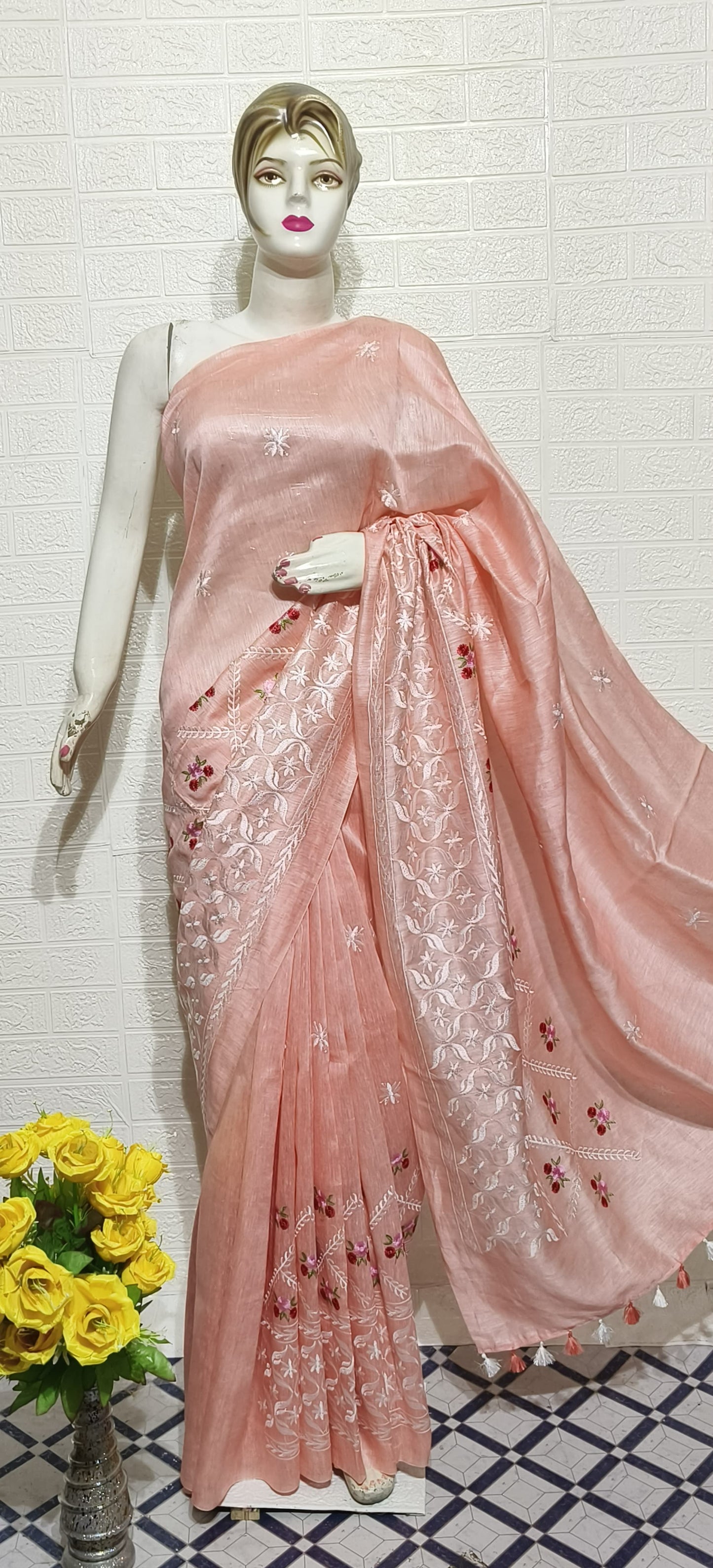 Pure Silk Linen Saree With Beautiful Embroidery Work Saree SLS35