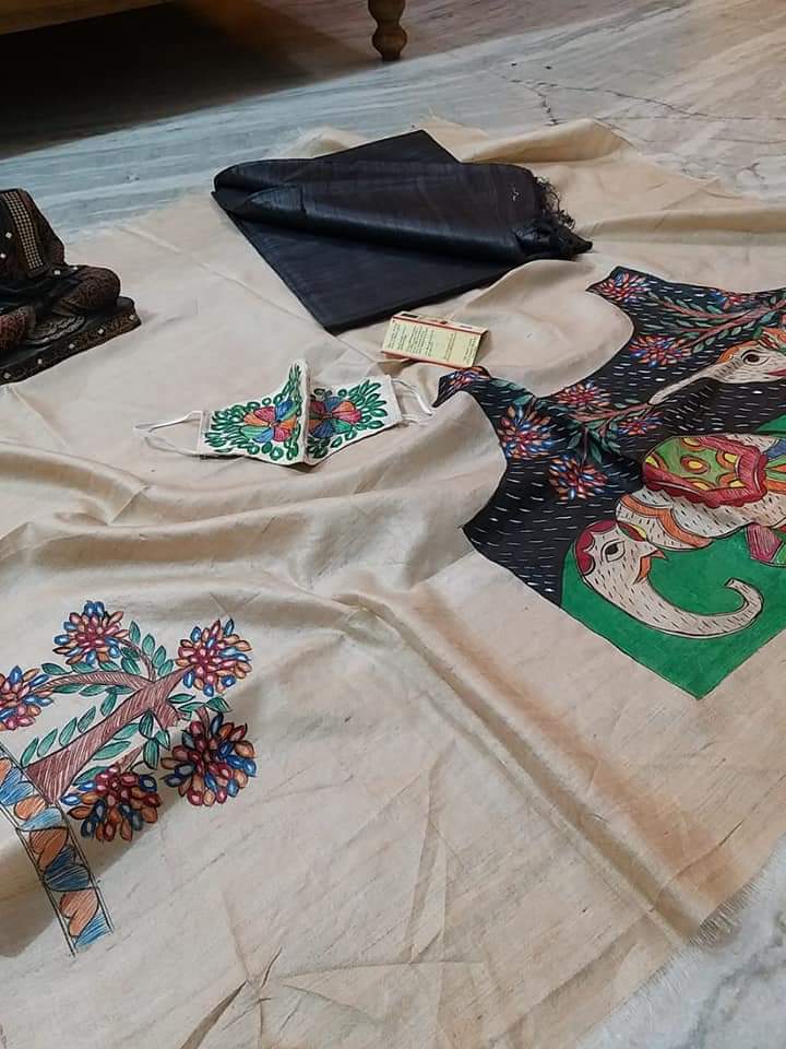 Pure Tussar Ghicha Silk Saree With Beautiful Hand Madhubani Printed Blouse GMB10