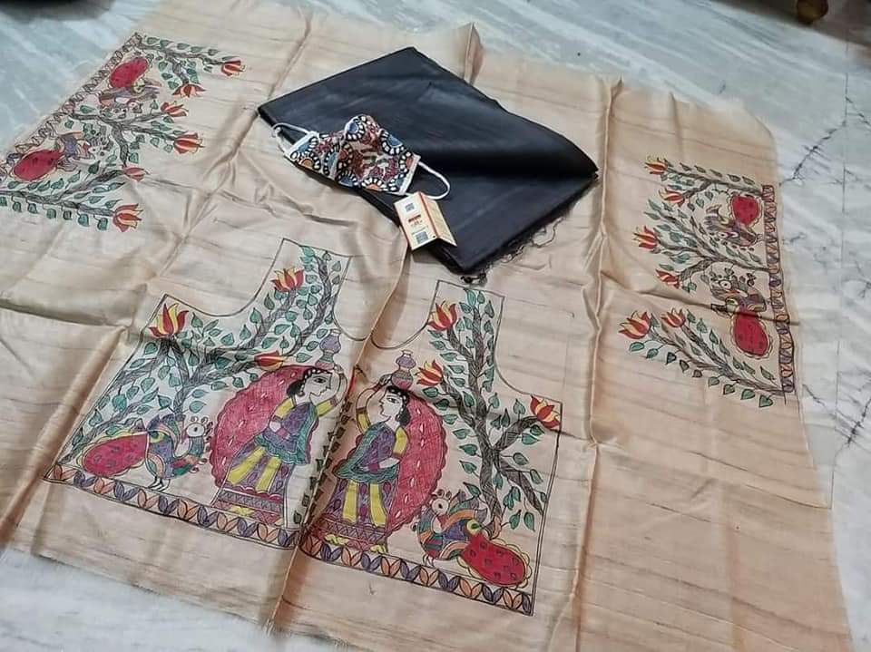 Pure Tussar Ghicha Silk Saree With Beautiful Hand Madhubani Printed Blouse GMB16