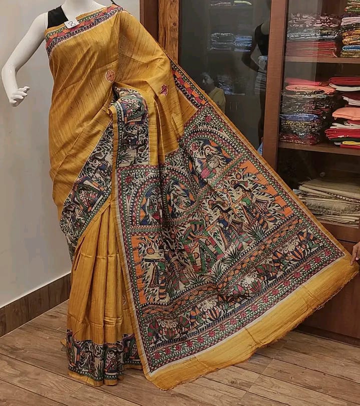 Pure Tussar Ghicha Silk Saree With Beautiful Madhubani Hand Printed Saree MHP03