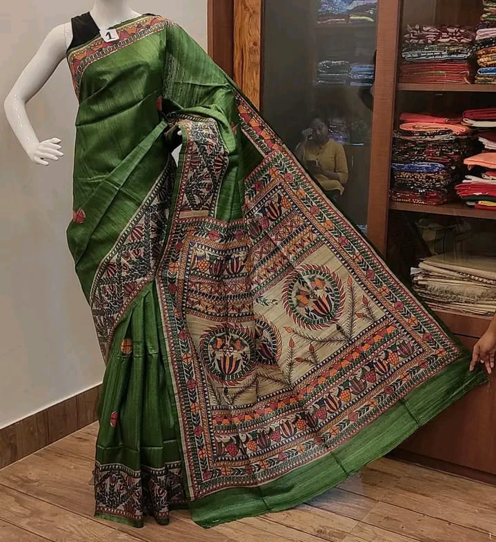 Pure Tussar Ghicha Silk Saree With Beautiful Madhubani Hand Printed Saree MHP04