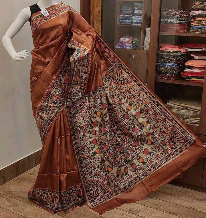Pure Tussar Ghicha Silk Saree With Beautiful Madhubani Hand Printed Saree MHP06