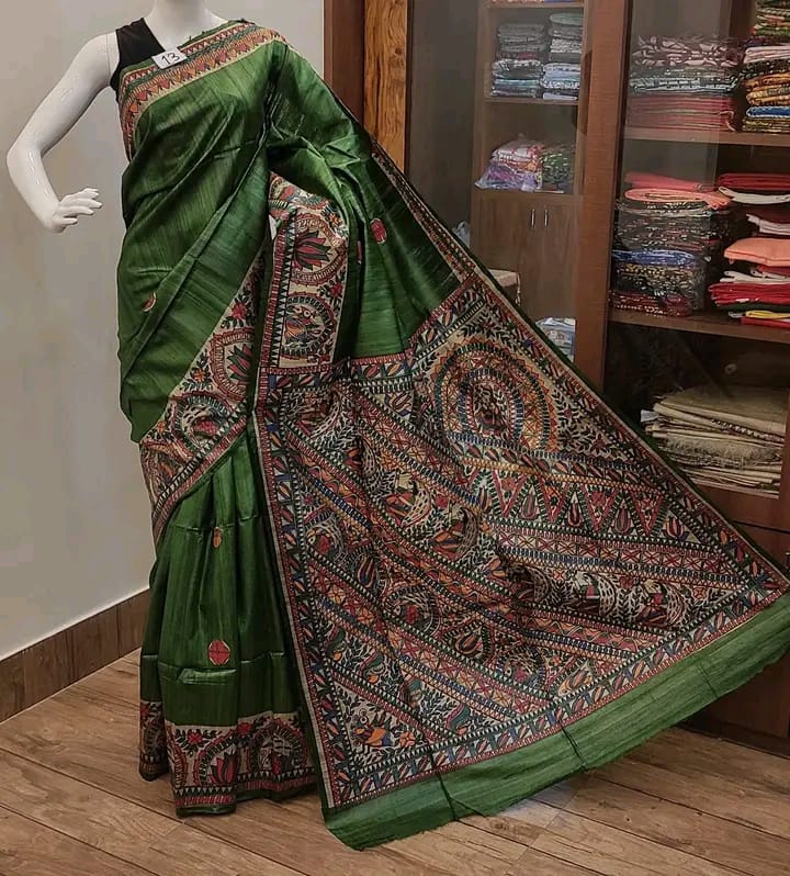 Pure Tussar Ghicha Silk Saree With Beautiful Madhubani Hand Printed Saree MHP08