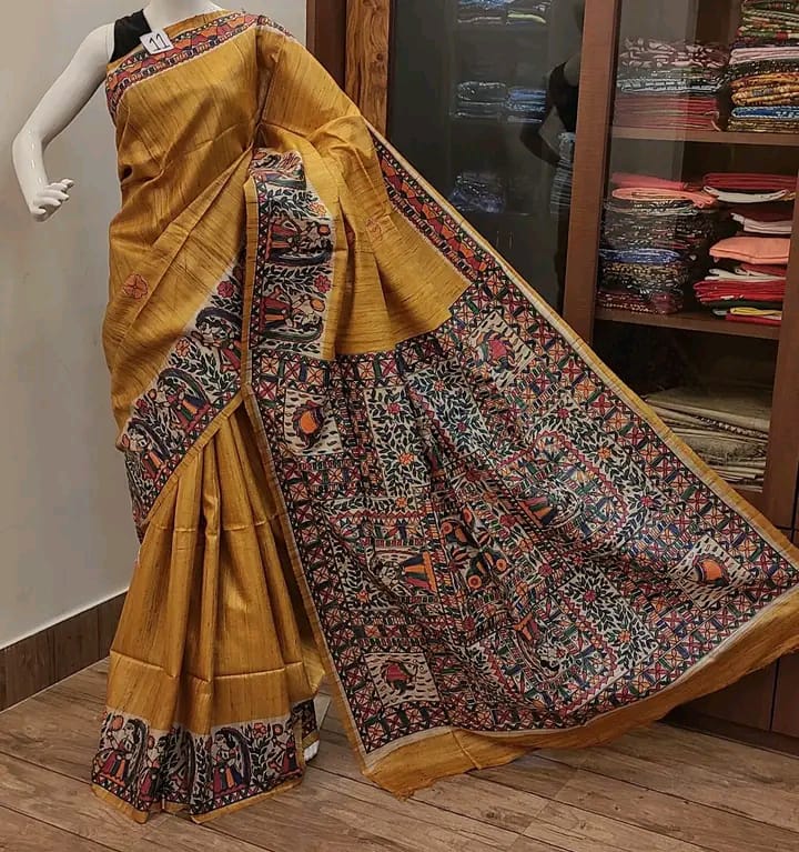 Pure Tussar Ghicha Silk Saree With Beautiful Madhubani Hand Printed Saree MHP09