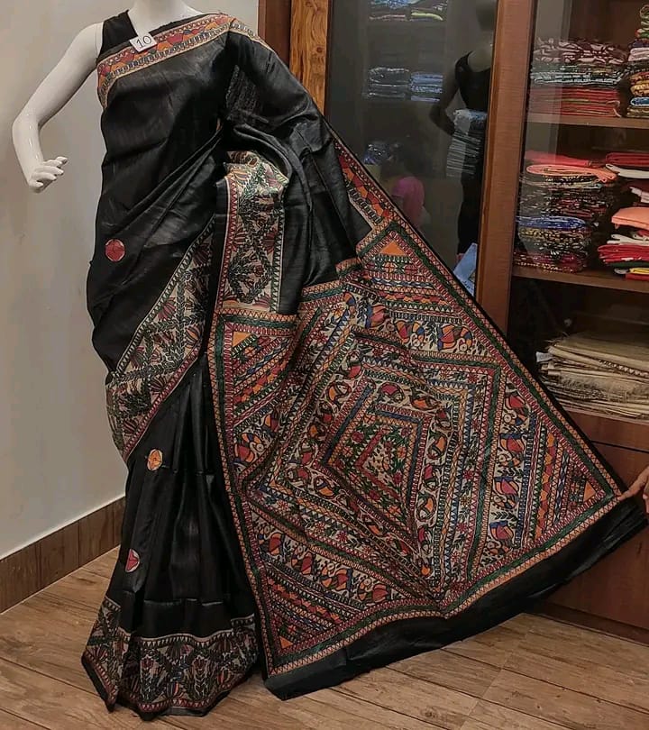 Pure Tussar Ghicha Silk Saree With Beautiful Madhubani Hand Printed Saree MHP10