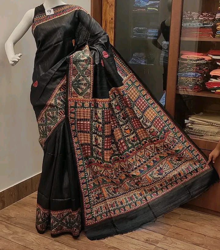 Pure Tussar Ghicha Silk Saree With Beautiful Madhubani Hand Printed Saree MHP11