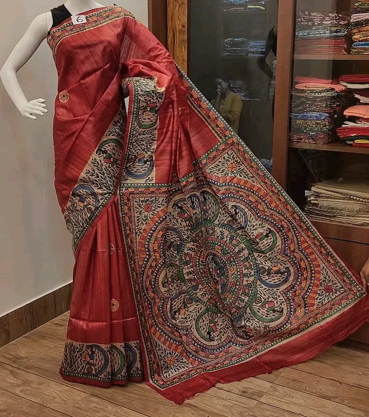 Pure Tussar Ghicha Silk Saree With Beautiful Madhubani Hand Printed Saree MHP12