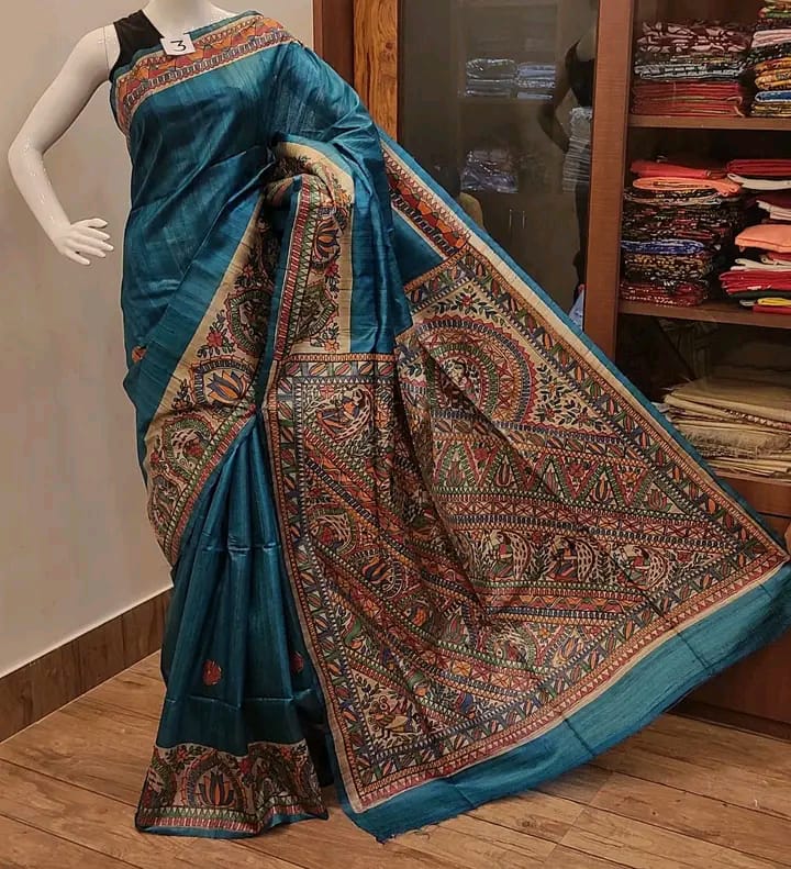 Pure Tussar Ghicha Silk Saree With Beautiful Madhubani Hand Printed Saree MHP14