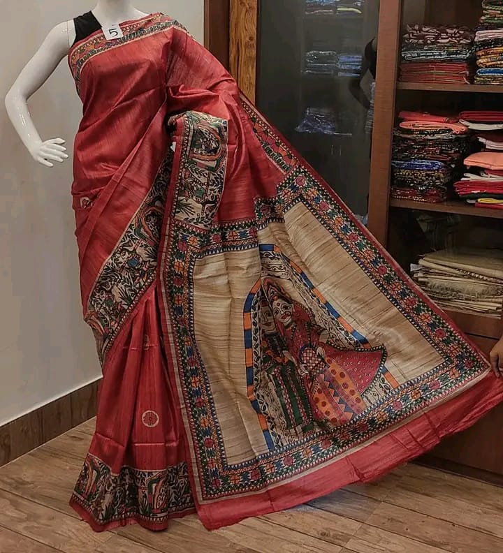 Pure Tussar Ghicha Silk Saree With Beautiful Madhubani Hand Printed Saree MHP15