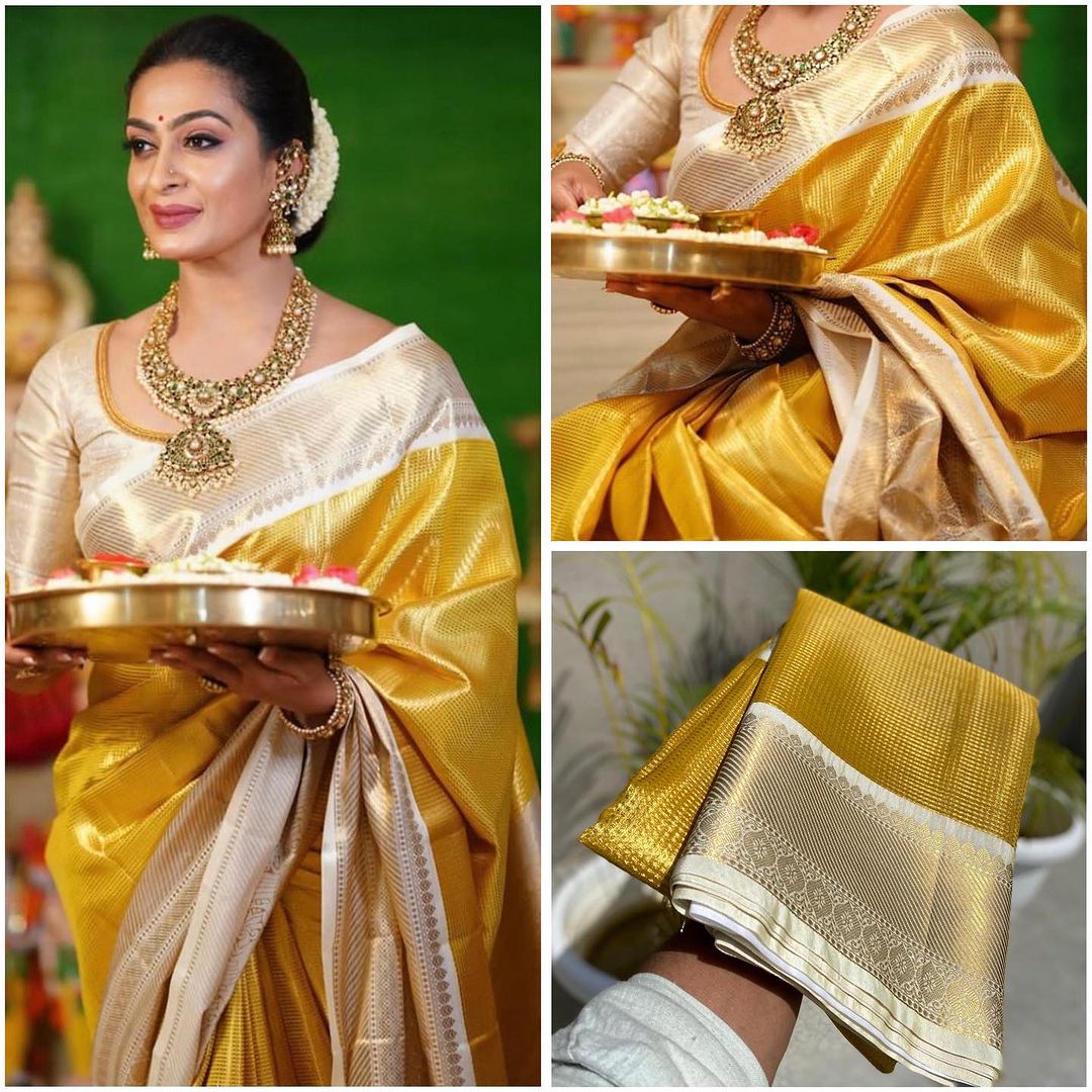 Golden Kanjeevaram Tissue Silk Resham Embossed Floral Banarasi Saree GK03