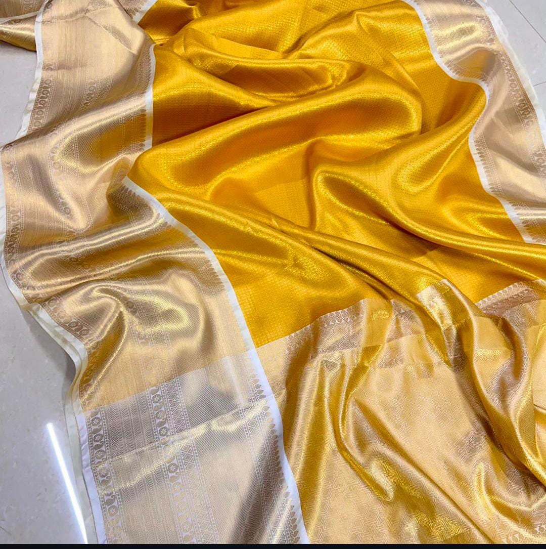 Golden Kanjeevaram Tissue Silk Resham Embossed Floral Banarasi Saree GK03