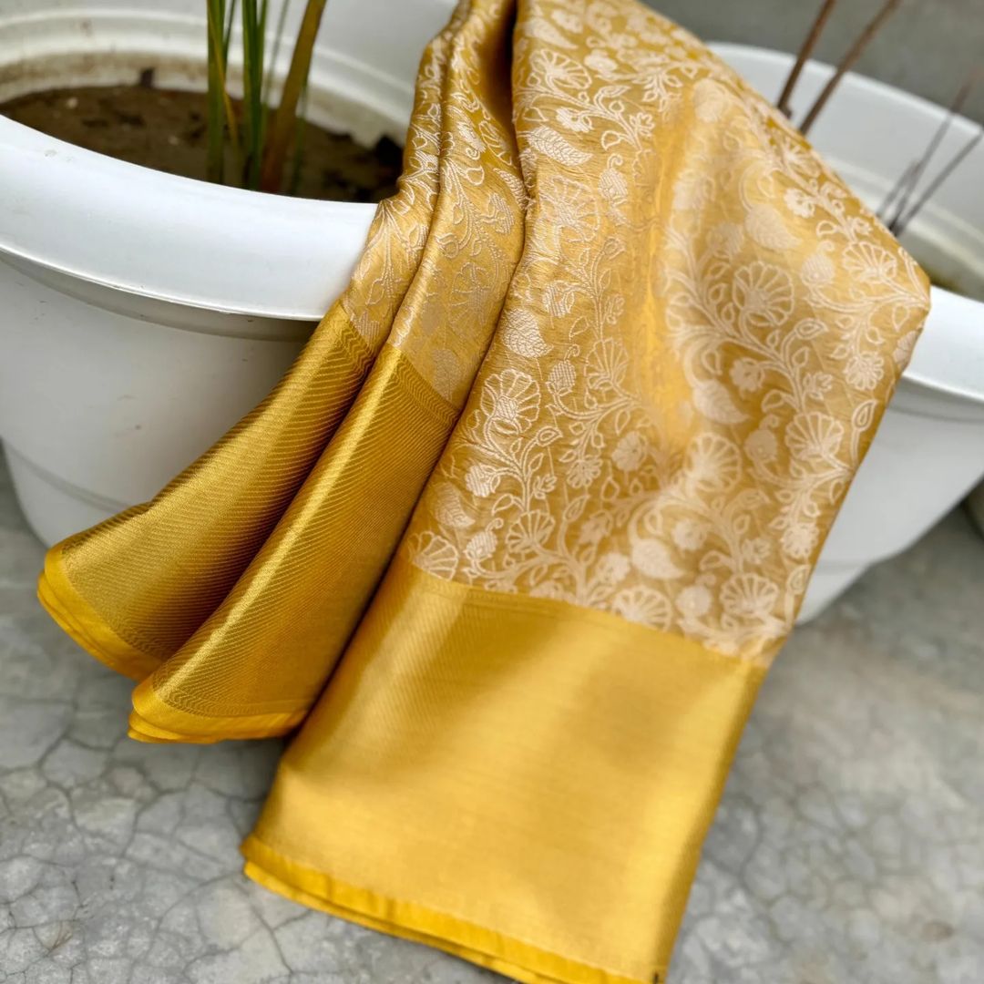 Golden Kanjeevaram Tissue Silk Resham Embossed Floral Banarasi Saree GK01