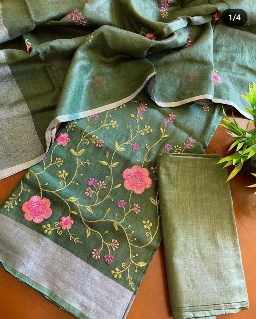 Heavy Embroidered Linen Salwar Suit Unstitched Dress Material DM13