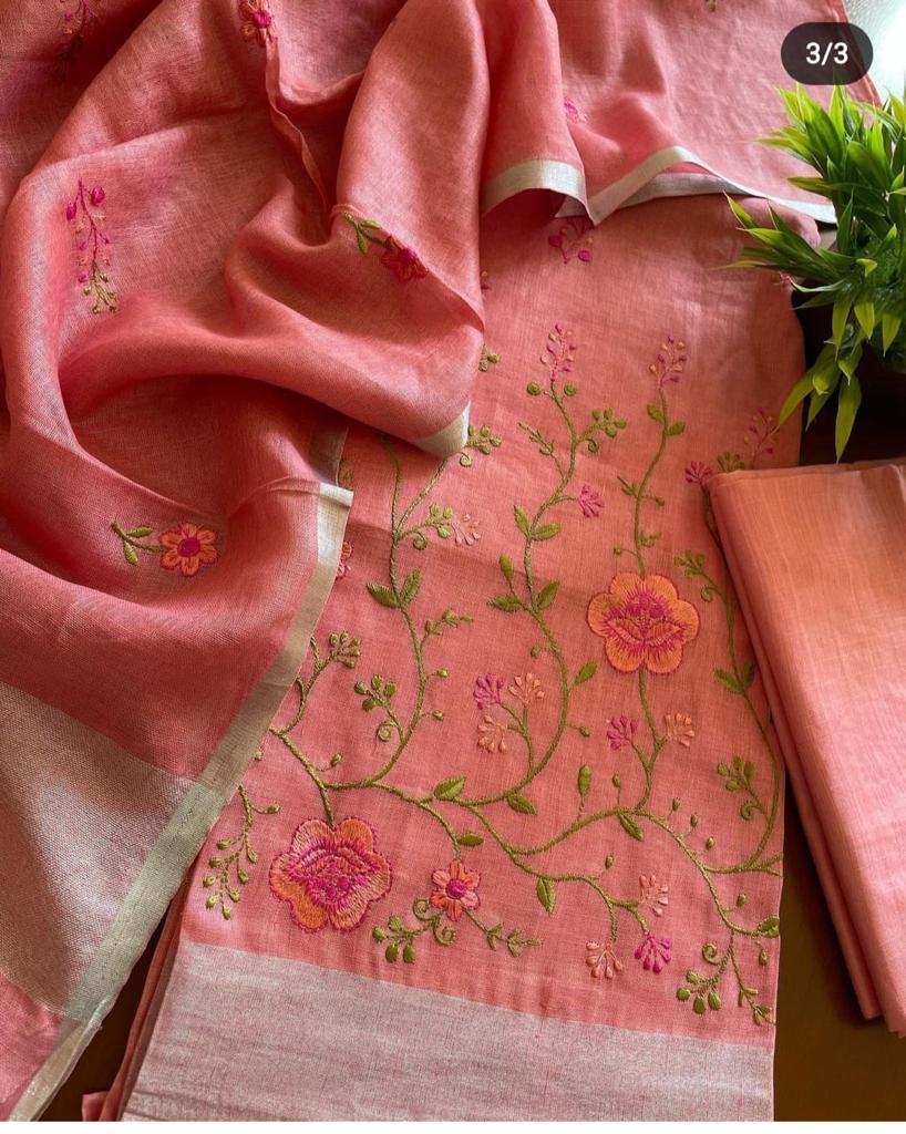 Heavy Embroidered Linen Salwar Suit Unstitched Dress Material DM16