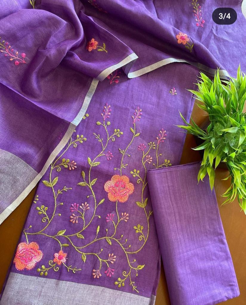 Heavy Embroidered Linen Salwar Suit Unstitched Dress Material DM17