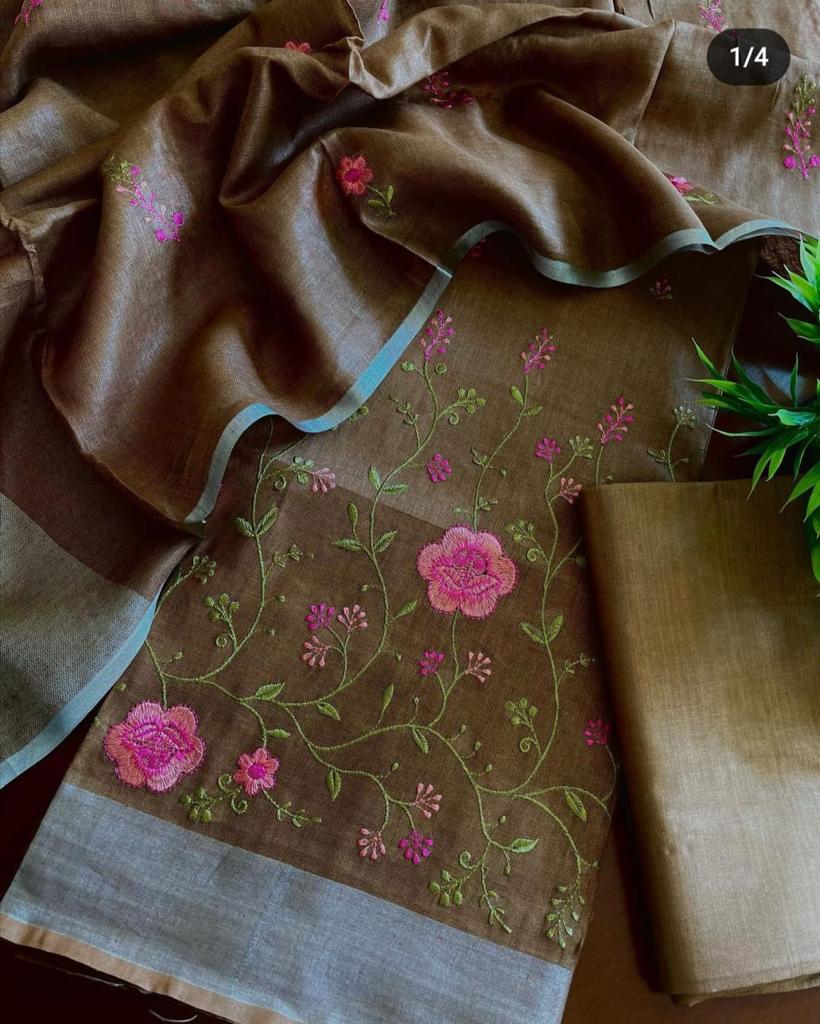 Heavy Embroidered Linen Salwar Suit Unstitched Dress Material DM18