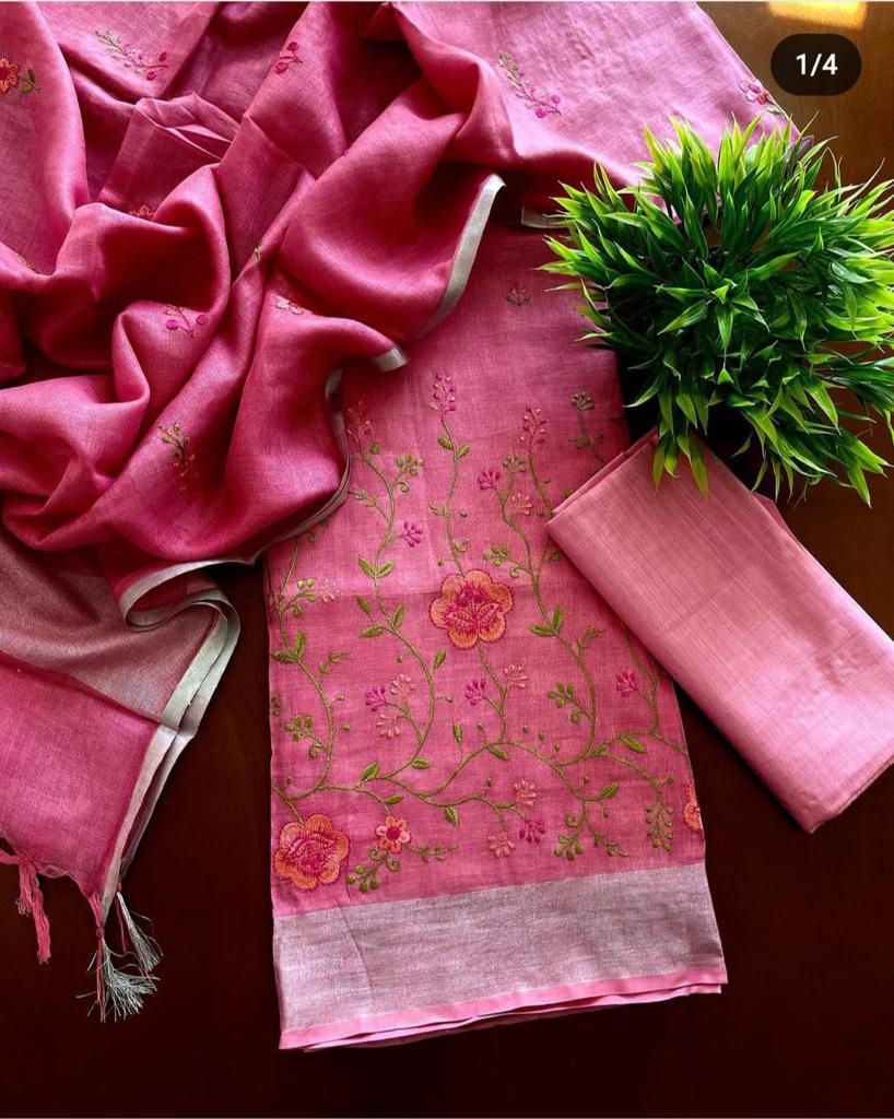 Heavy Embroidered Linen Salwar Suit Unstitched Dress Material DM19