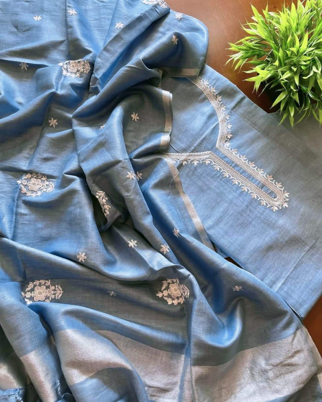linen silk dress material Floral Printed Linen Dress Material: Unstitched Suit Set