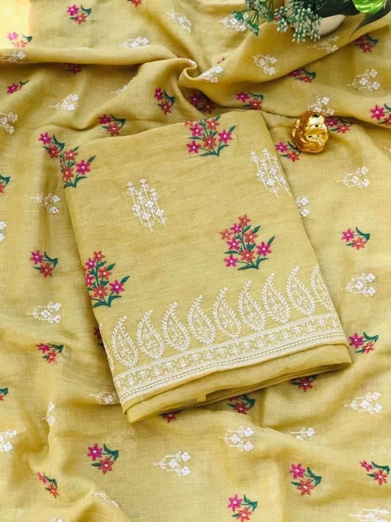 Heavy Embroidered Linen Salwar Suit Unstitched Dress Material DM36