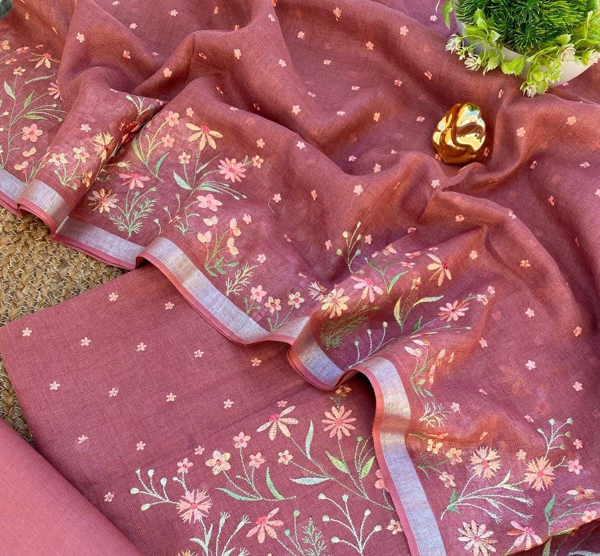 Heavy Embroidered Linen Salwar Suit Unstitched Dress Material DM42