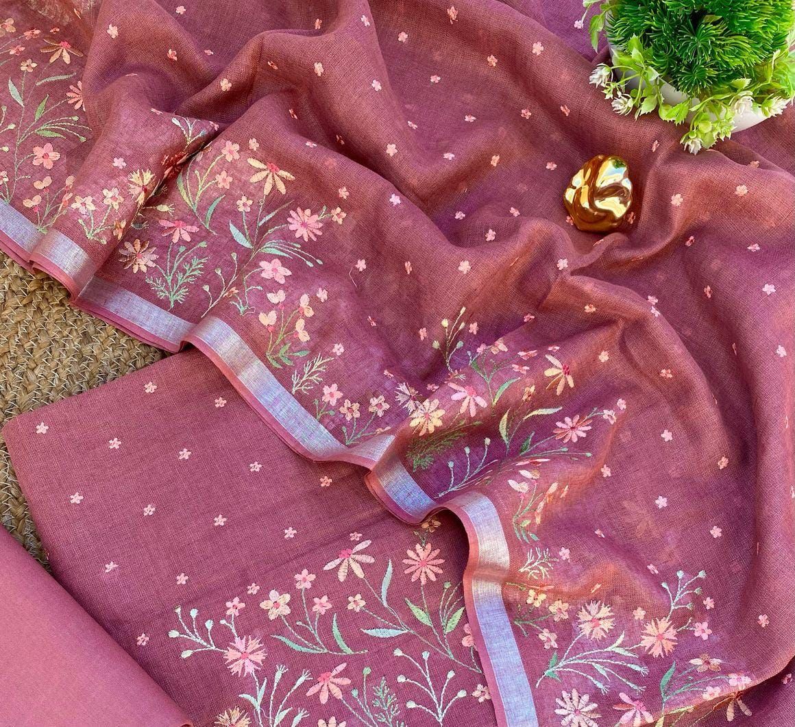 Heavy Embroidered Linen Salwar Suit Unstitched Dress Material DM42