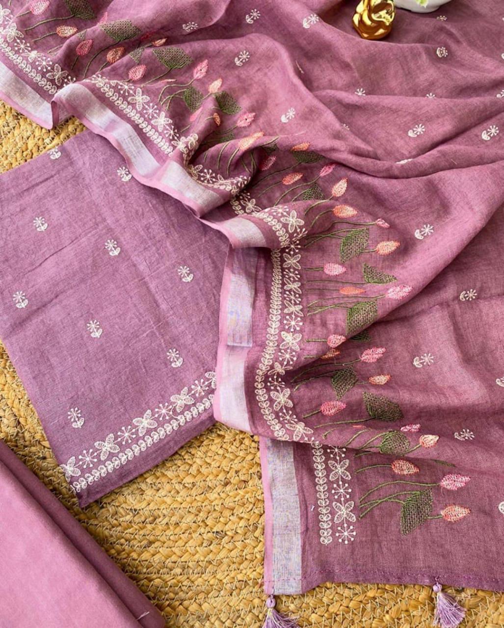 Heavy Embroidered Linen Salwar Suit Unstitched Dress Material DM45